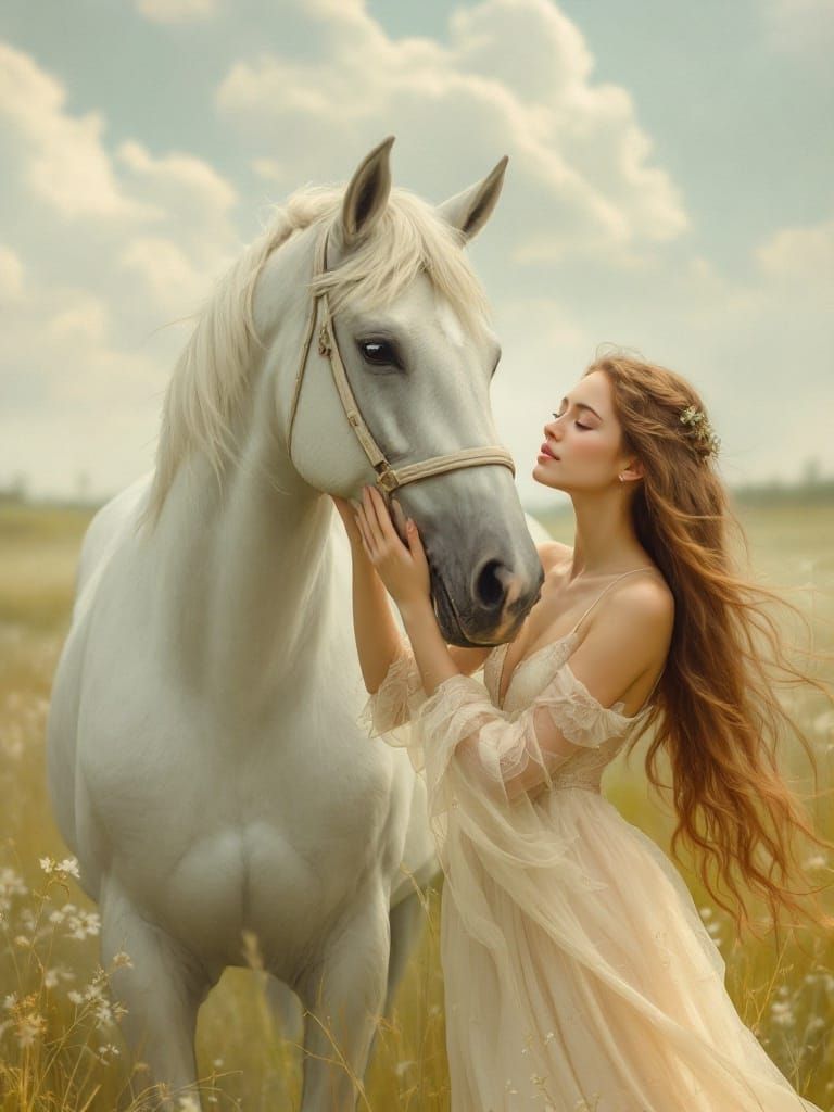 Serene Young Woman in Soft Light, with Majestic White Horse
