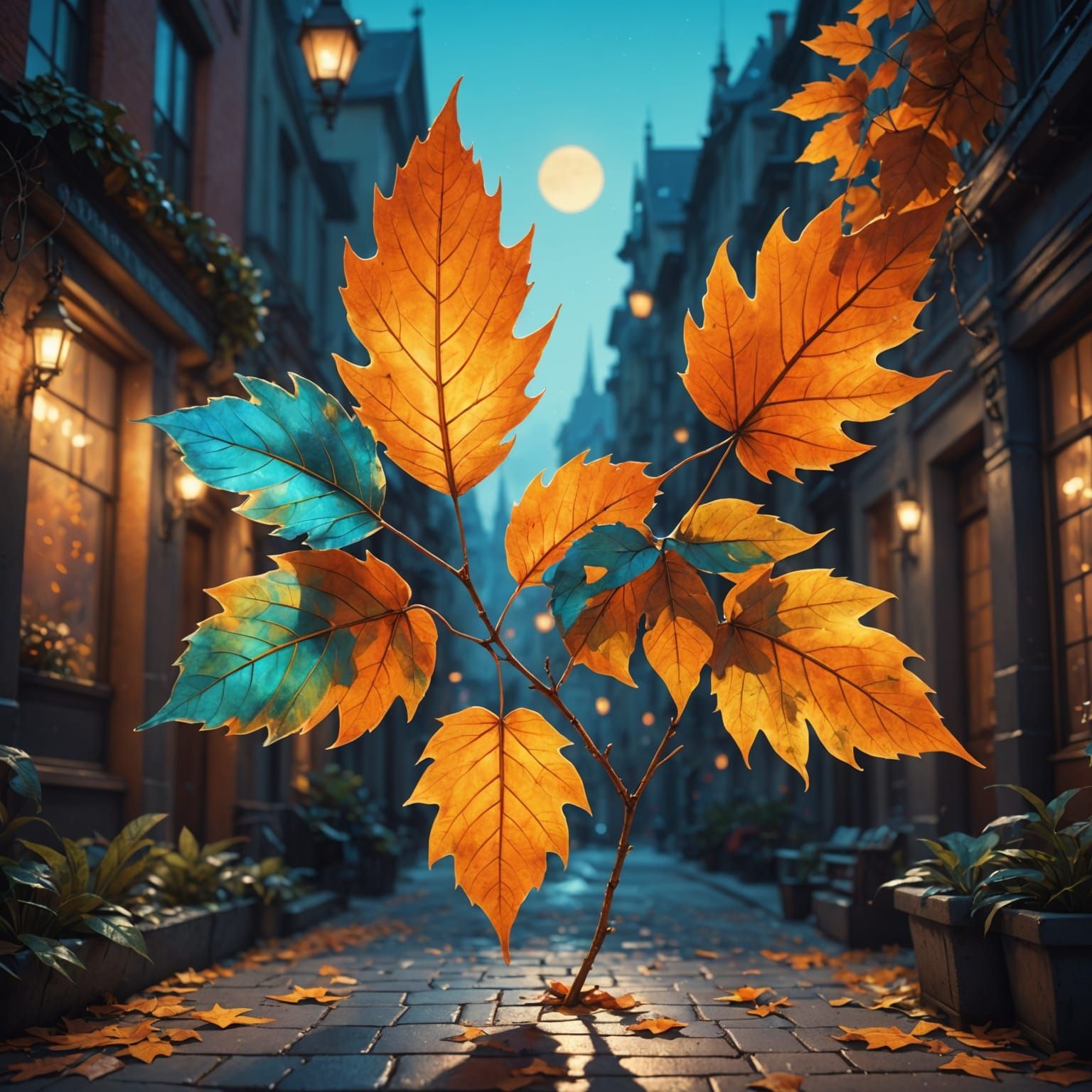 Leaf Flying Through Dawn to Twilight in Watercolor Style