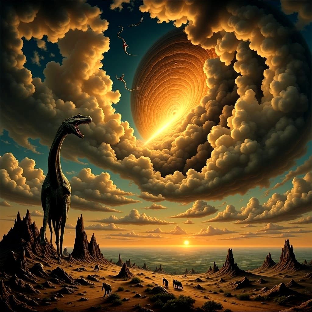 Surreal Dinosaur Extinction Meteor Strike, Dali Style