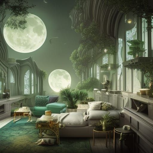 Lunar moth Green penthouse with lunar vibes and earthy vibes