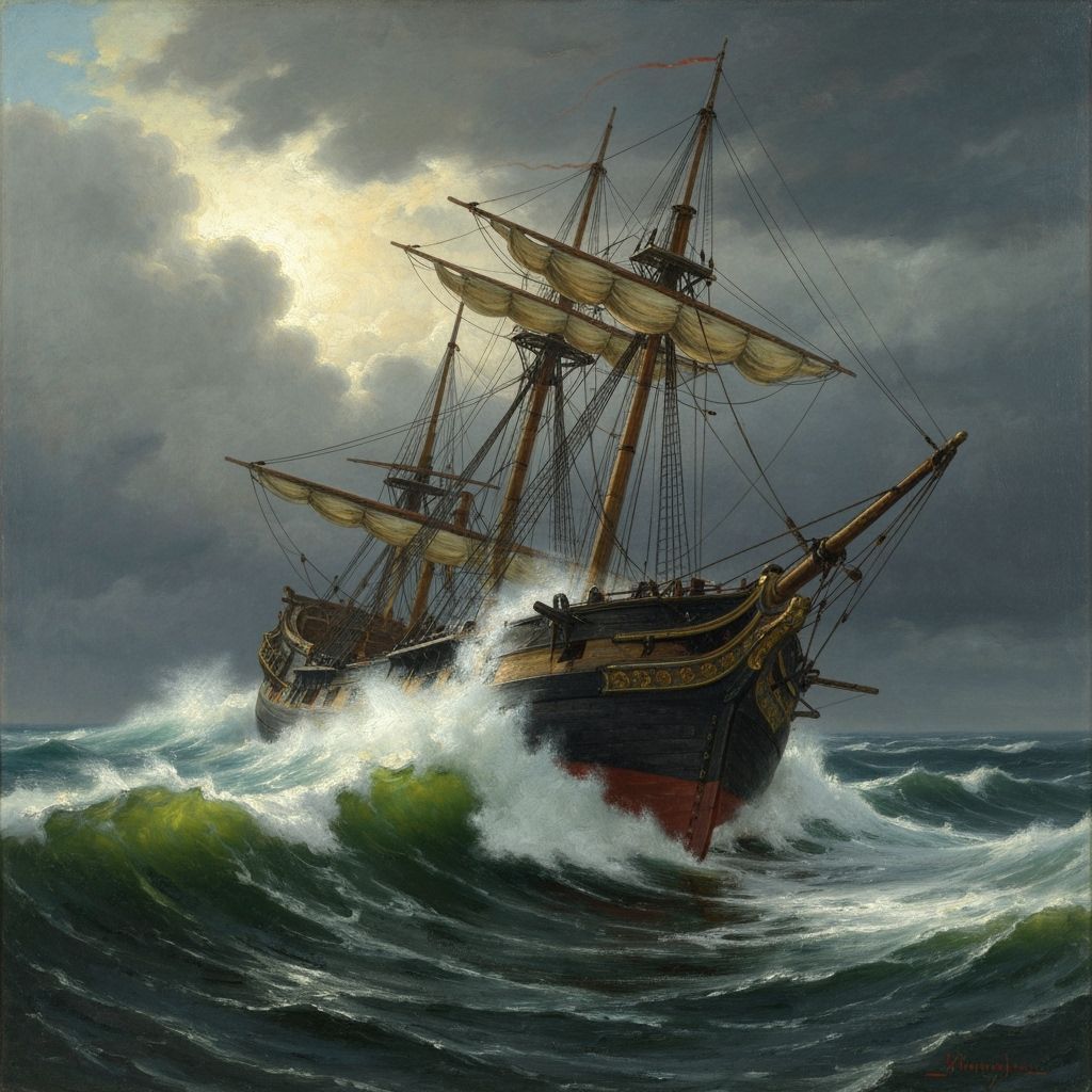 Stormy Seas: Sailship in Distress, Romantic Oil Painting
