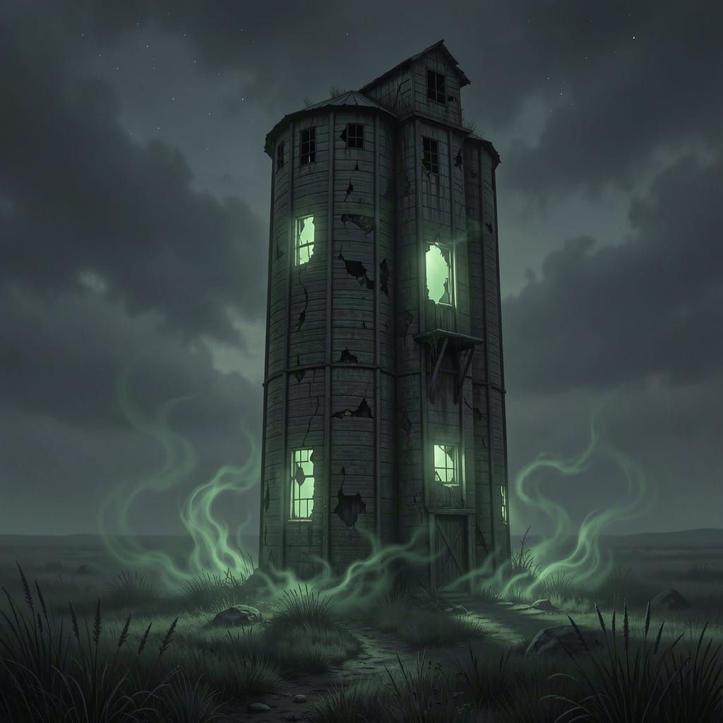 Eerie Grain Silo on Foggy Prairie at Midnight