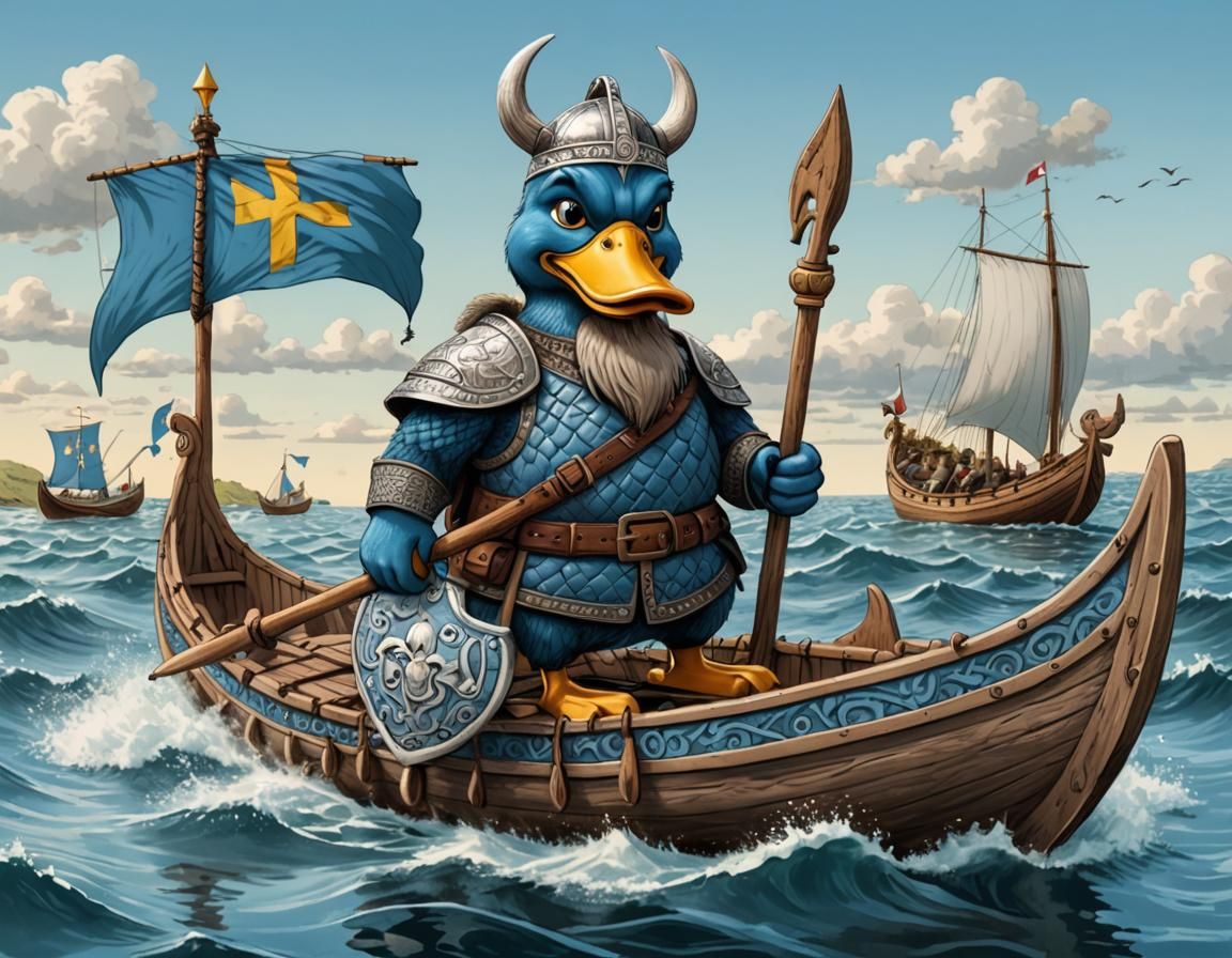 Swedish Blue Duck Viking on Dragon Longboat Cartoon