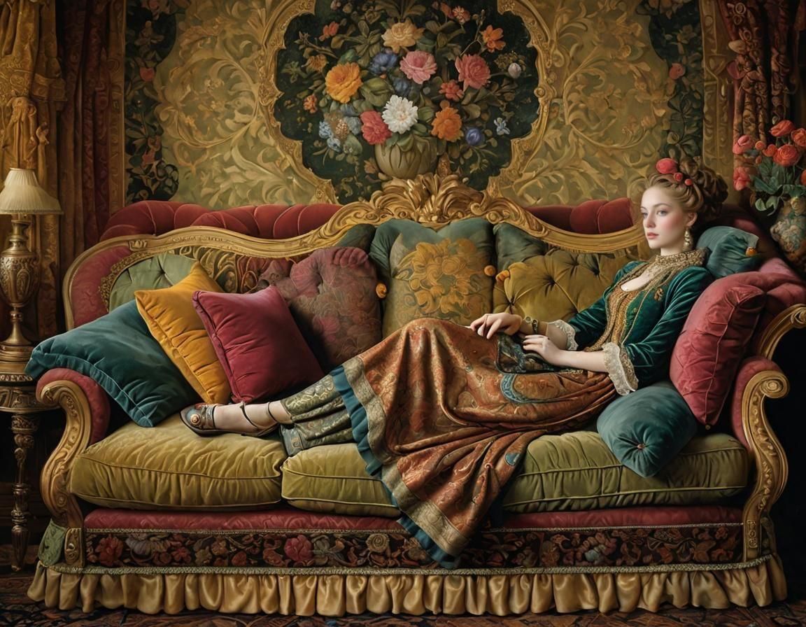 Reclining Lady on Ornate Couch, Whimsical Illustration