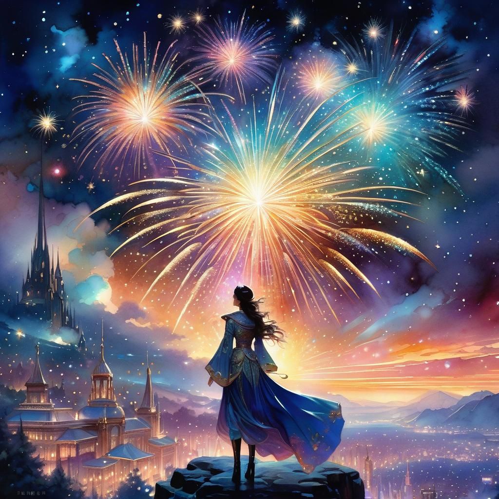 Sparkling New Year Fireworks in Watercolor Style