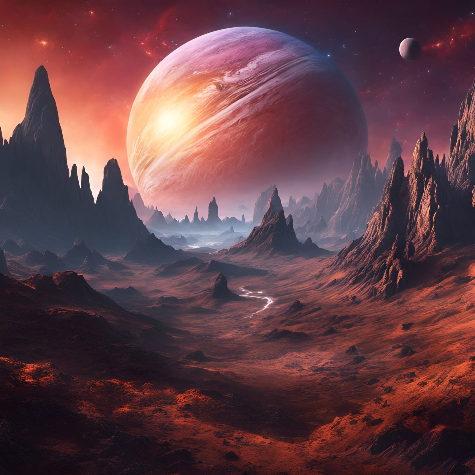 Hyperrealistic Alien Planet with Galaxy Backdrop