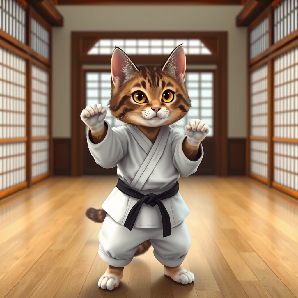 Meditative Karate Cat in Traditional Japanese Dojo