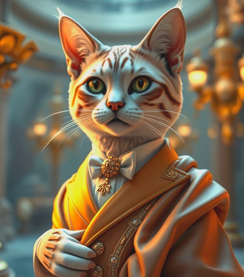 Elegant Cat Posing with Gold Accents, as Sculpture