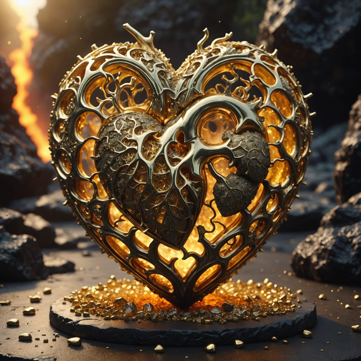 Golden Heart Sculpture on Lava: Digital Art