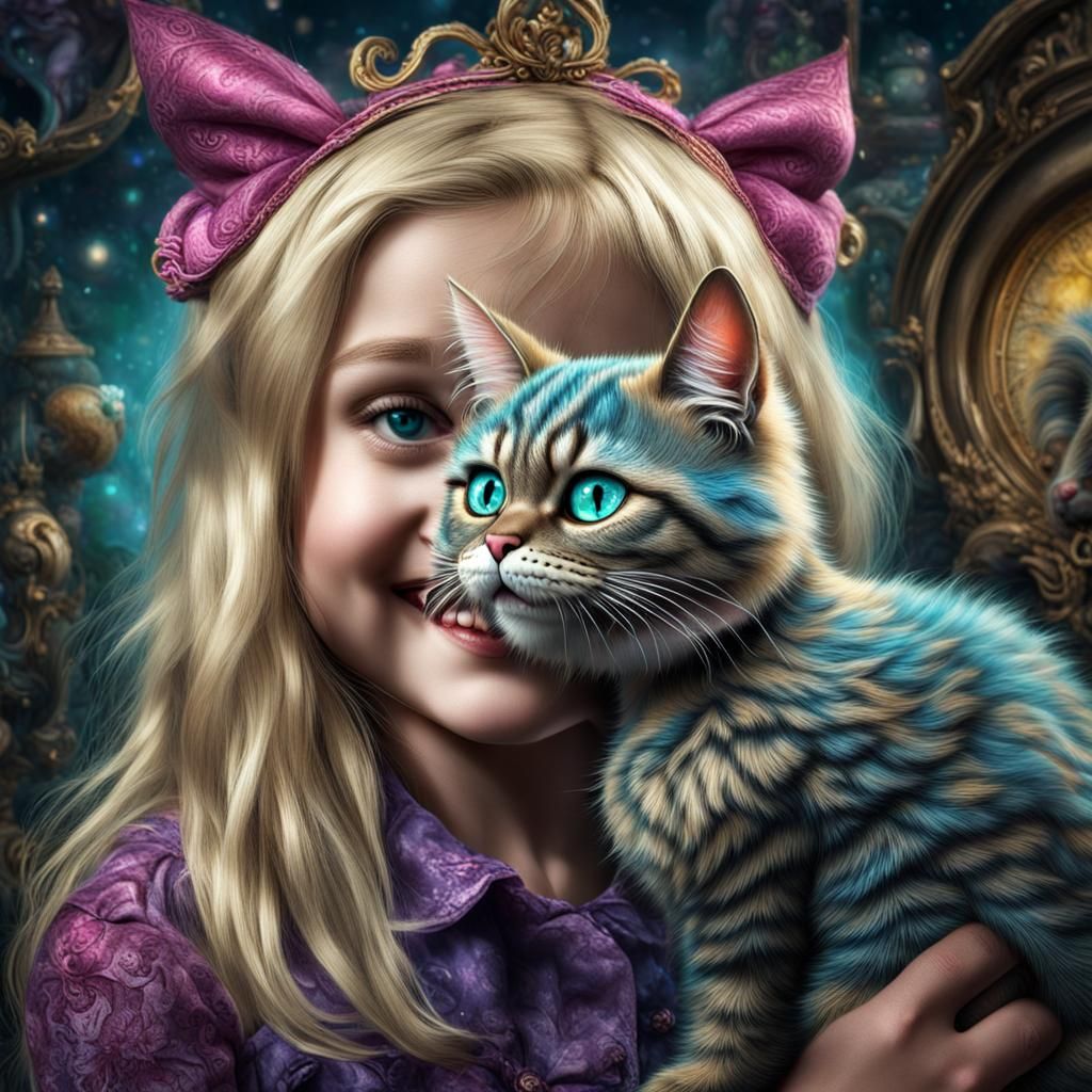 Blonde Girl and Grinning Cheshire Cat Portrait