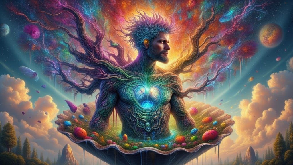 Binary Man on Floating Island in Vaporous X-Ray Art