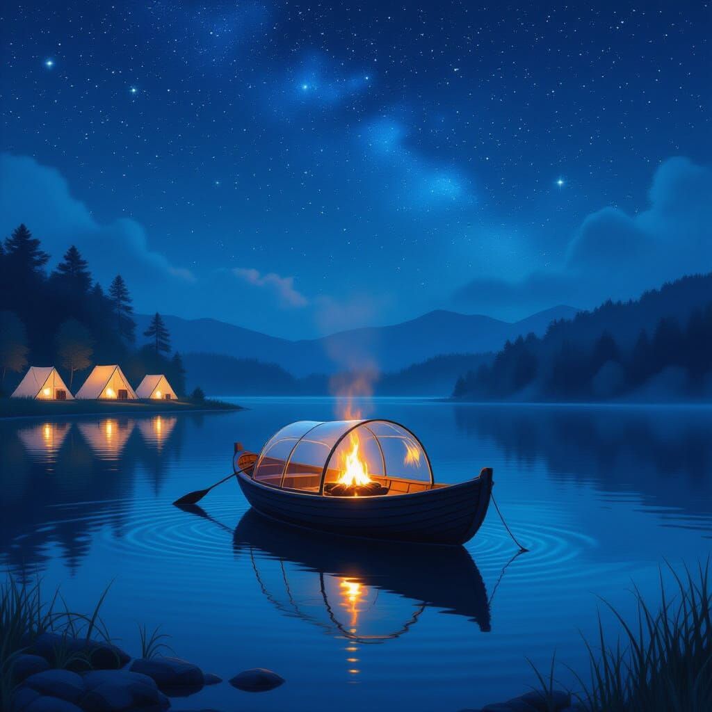 Glass Boat on Misty Lake at Night in Magical Realism Style