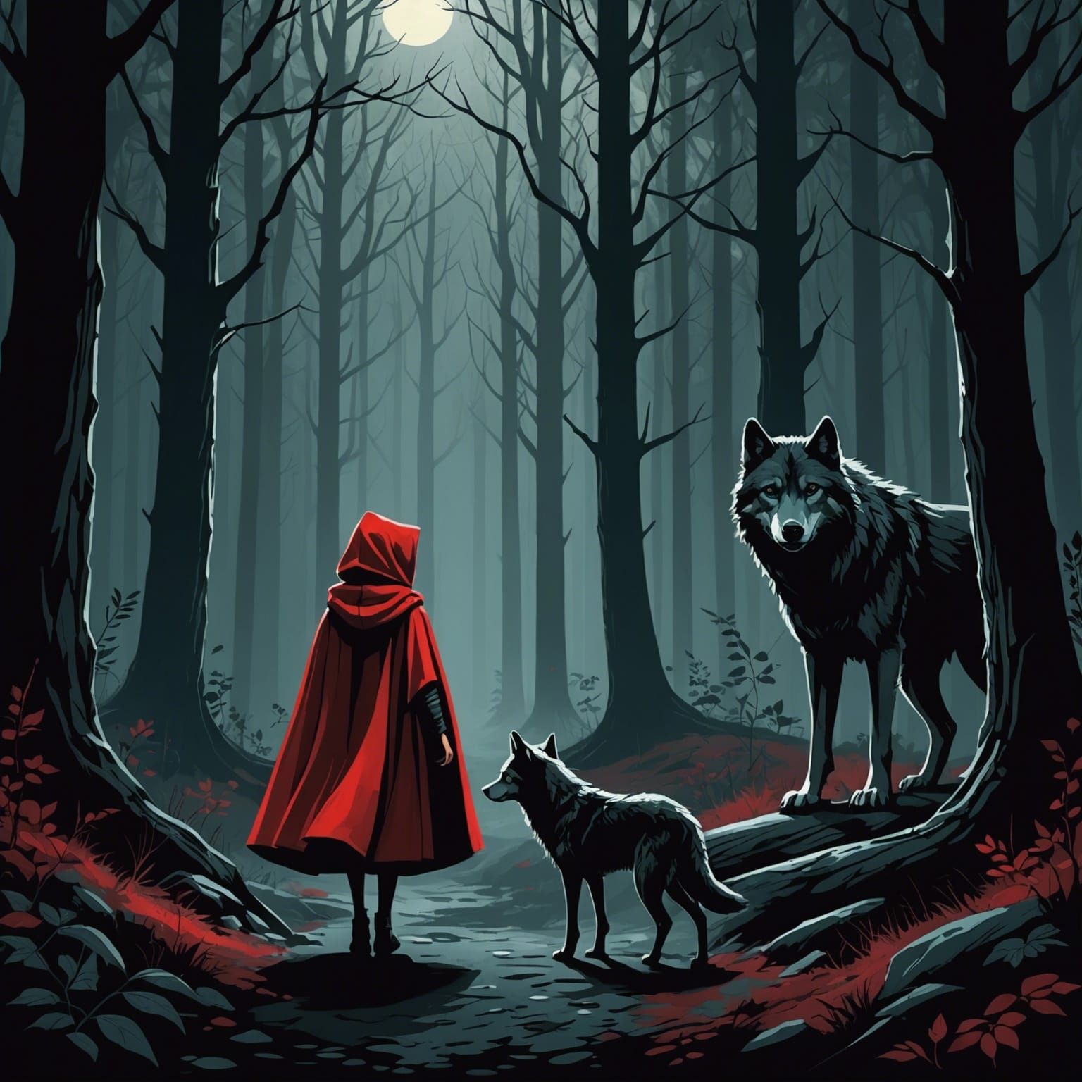Little Red Riding Hood in Dark Forest