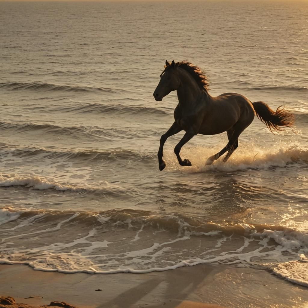 Stunning Black Stallion Runs Free Along Seaside Coast at Sun...