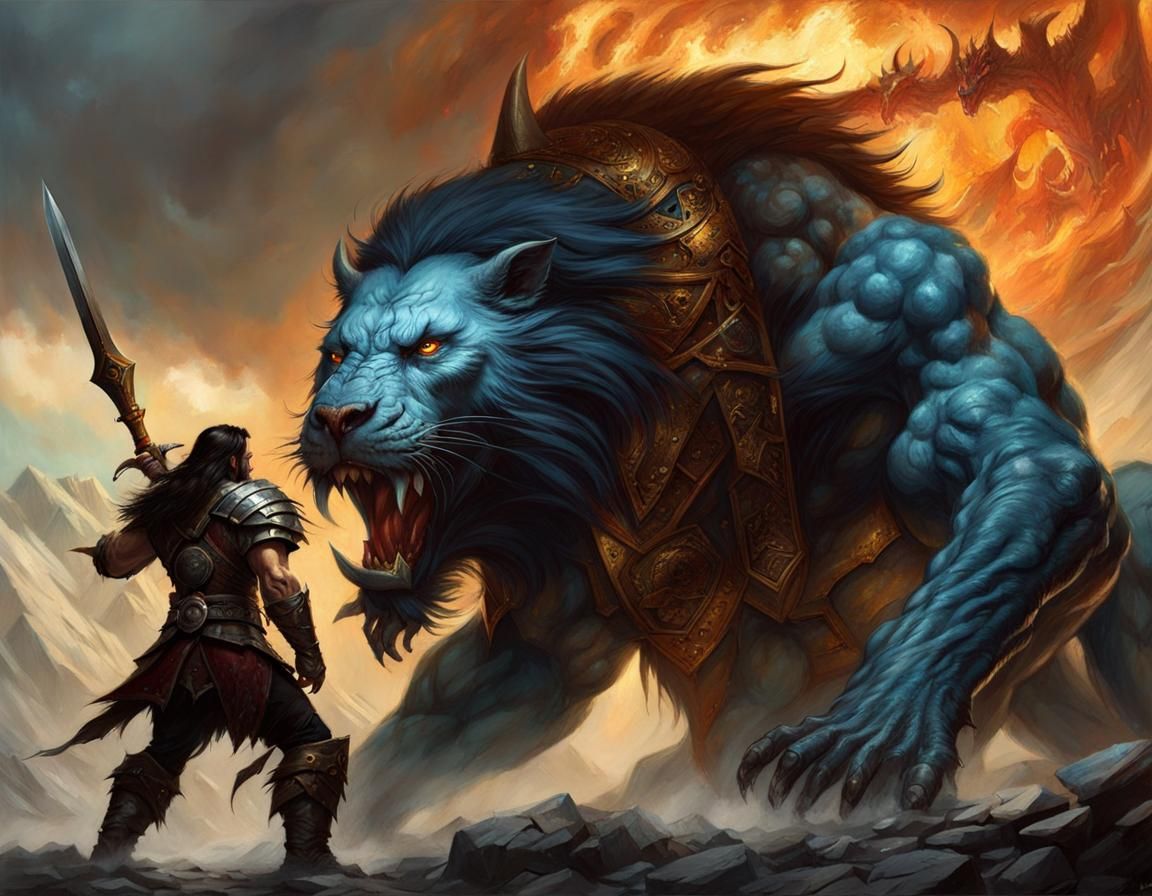Epic Warrior vs Beast Battle in Dark Fantasy Style