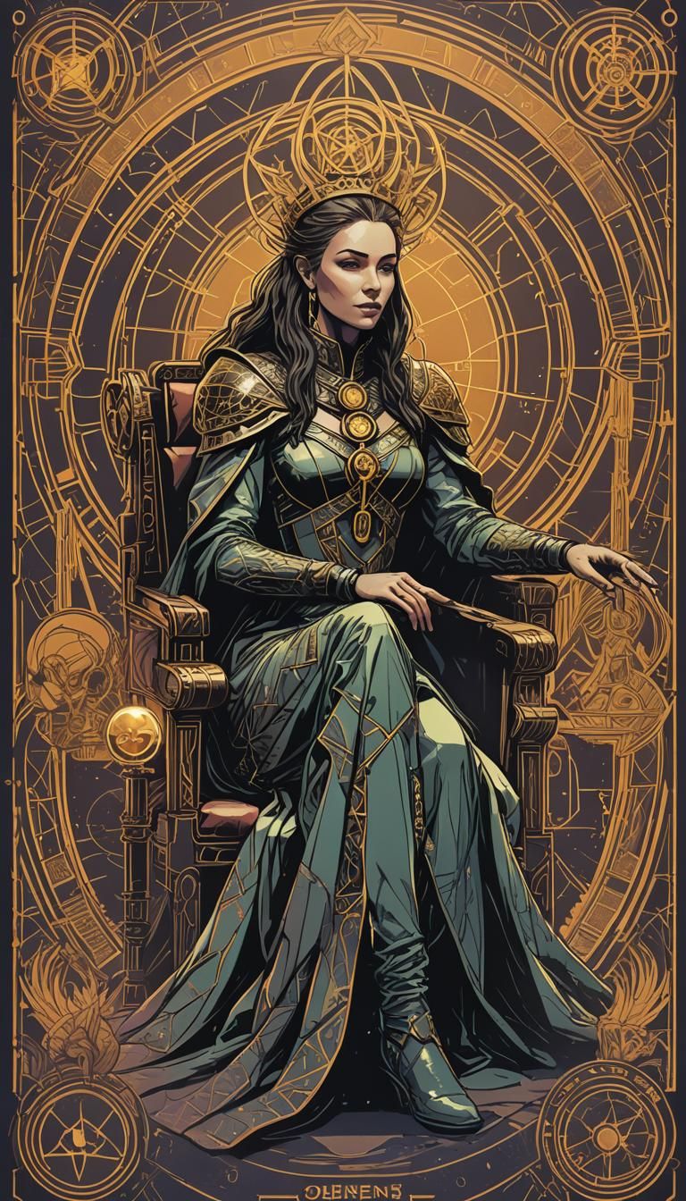 Queen of Pentacles Tarot Card in Cyberpunk Style