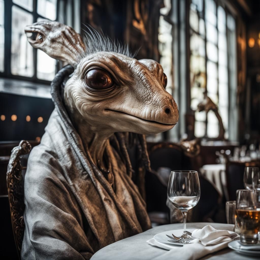 Surreal Restaurant Scene with Aliens in Professional Photogr...