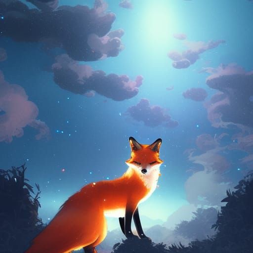 Fox Spirits Race Across Starry Sky, Art Nouveau