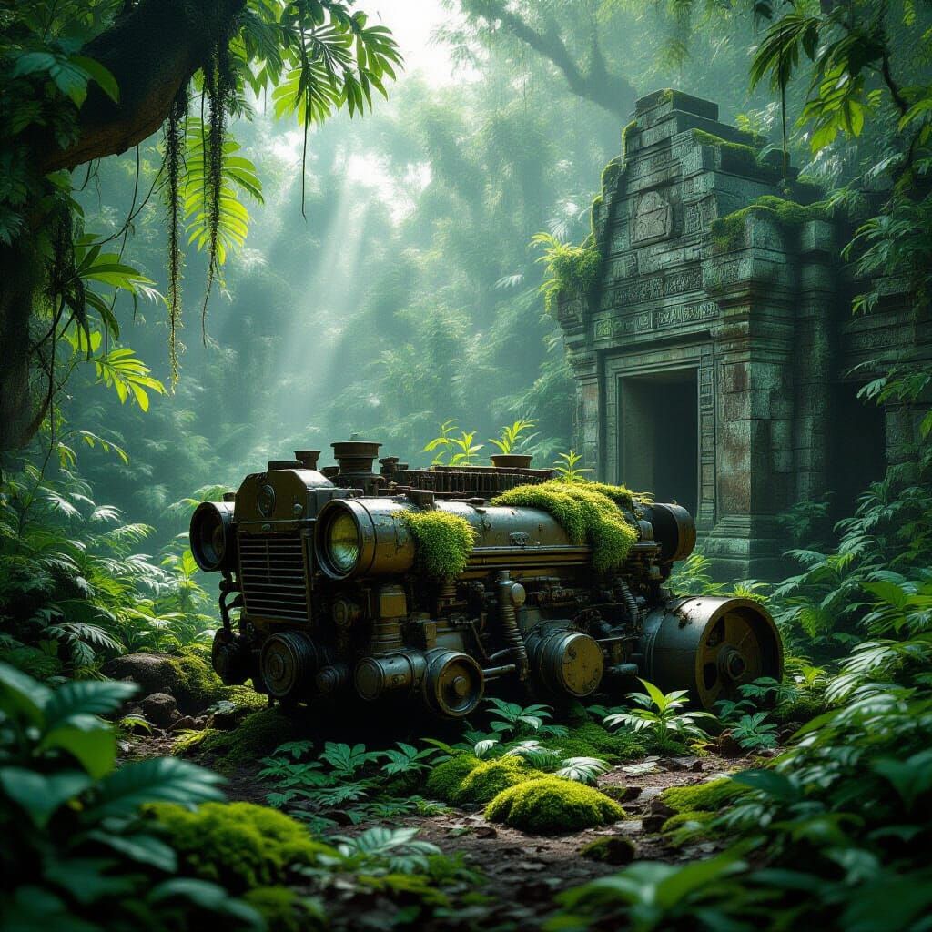 Abandoned Engine Block in Overgrown Jungle Ruins