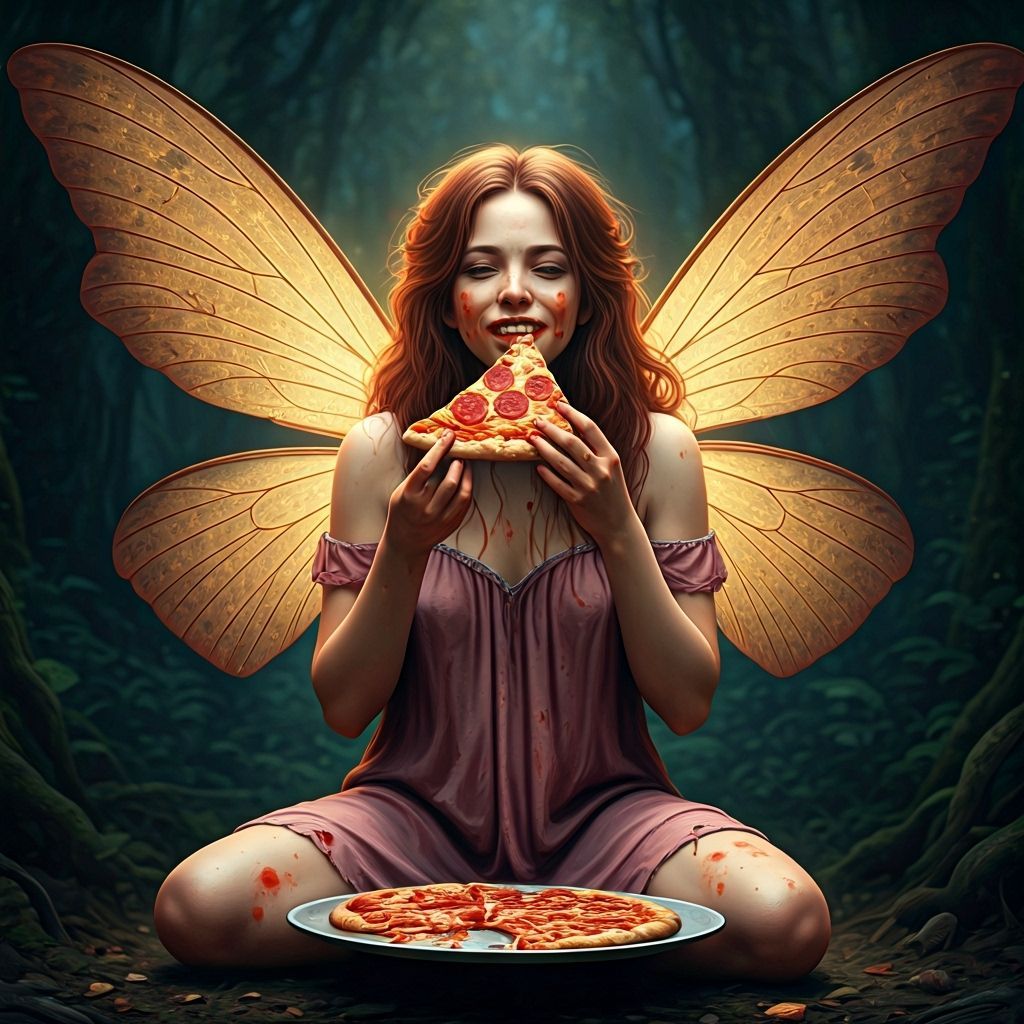 Fairy Eating Pizza in Enchanted Forest