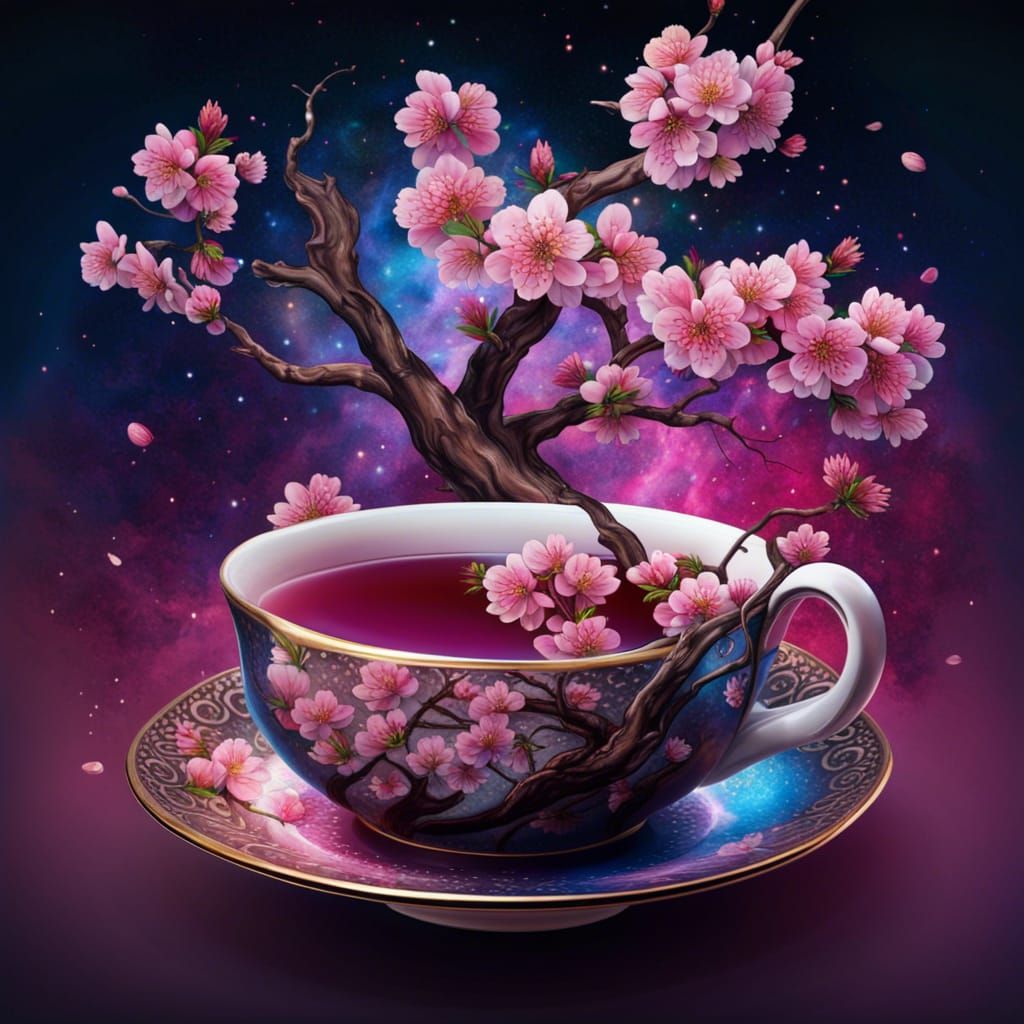 Ornate Cherry Blossom Tea Cup in Nebula