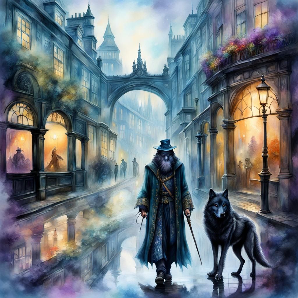 Wizard and Wolf Stroll Misty London Streets in Watercolour
