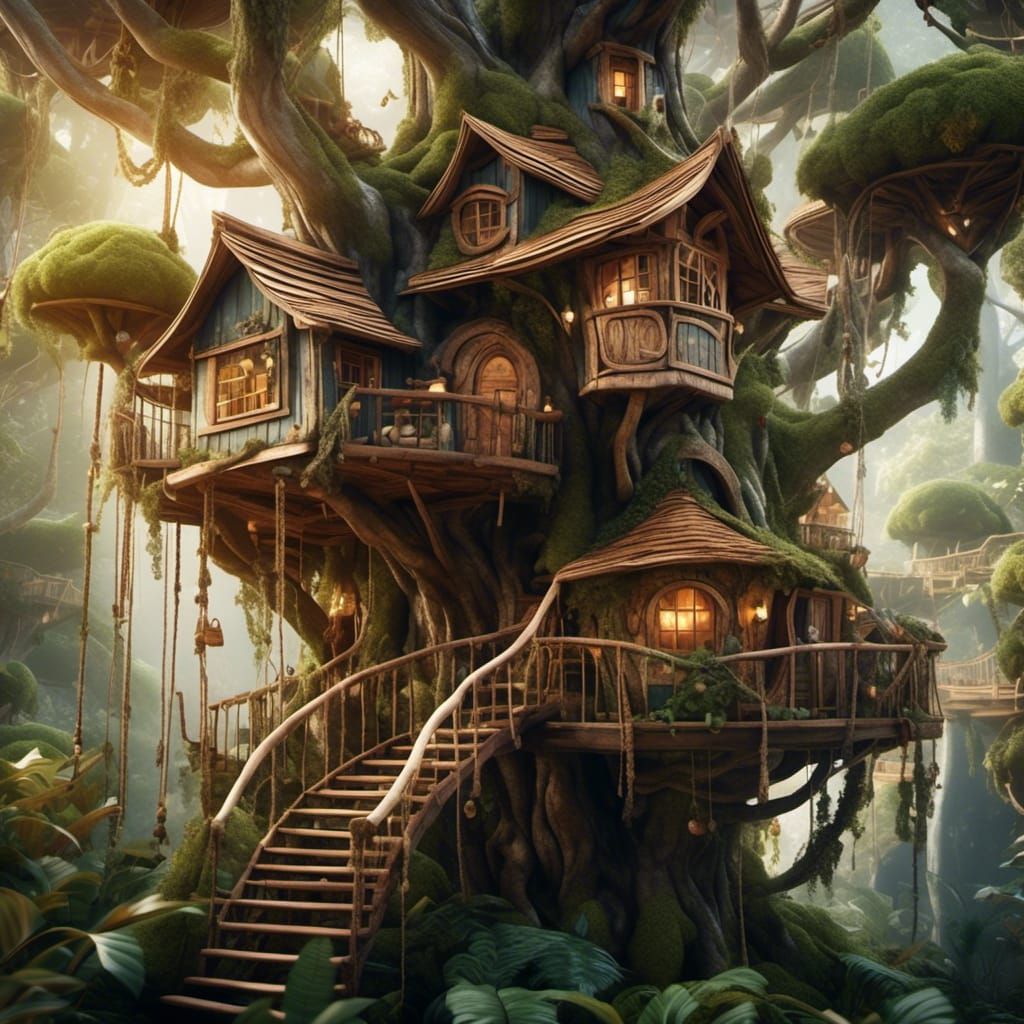 Winter Treehouses in Forest Canopy, Hyperrealistic Photo