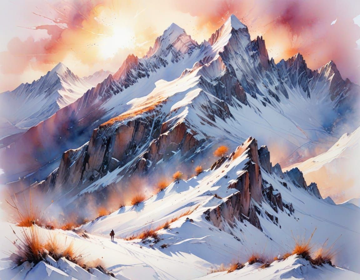 Alpine Dawn: Snow Peaks in Ethereal Watercolour Style
