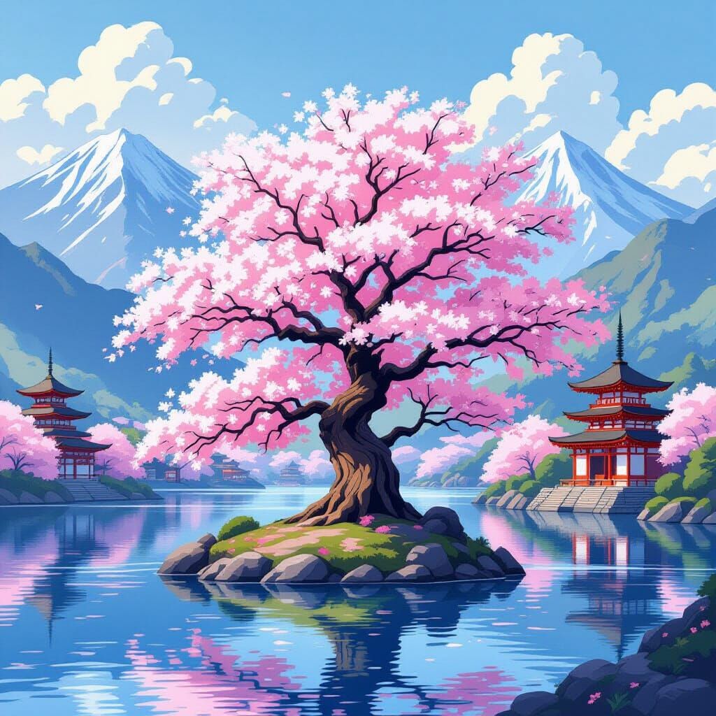Sakura Tree with Japanese Temples, Anime Style