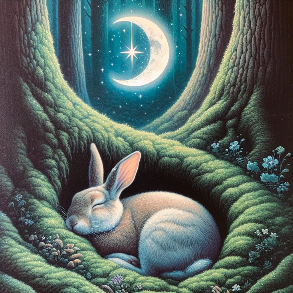 Slumbering Rabbit Under Mystic Crescent Moon