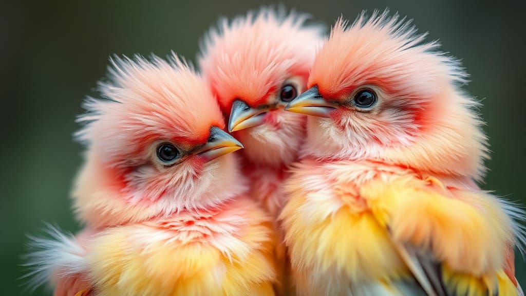 Three Fluffy Birds in Pastel Spring Colors