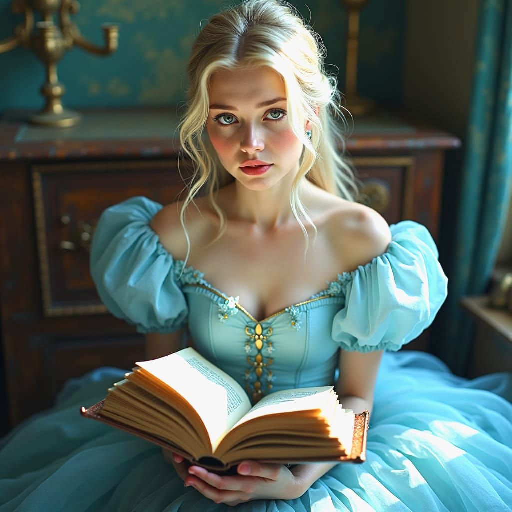 Blond Woman Reading in Detailed Digital Painting