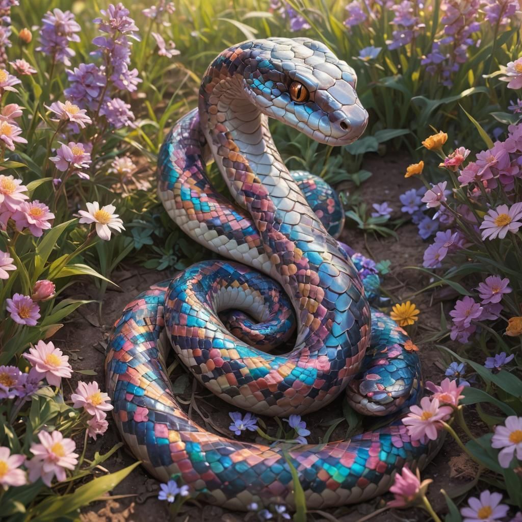Fantasy Snake Crawls Through Prairie: Anime 3D Art