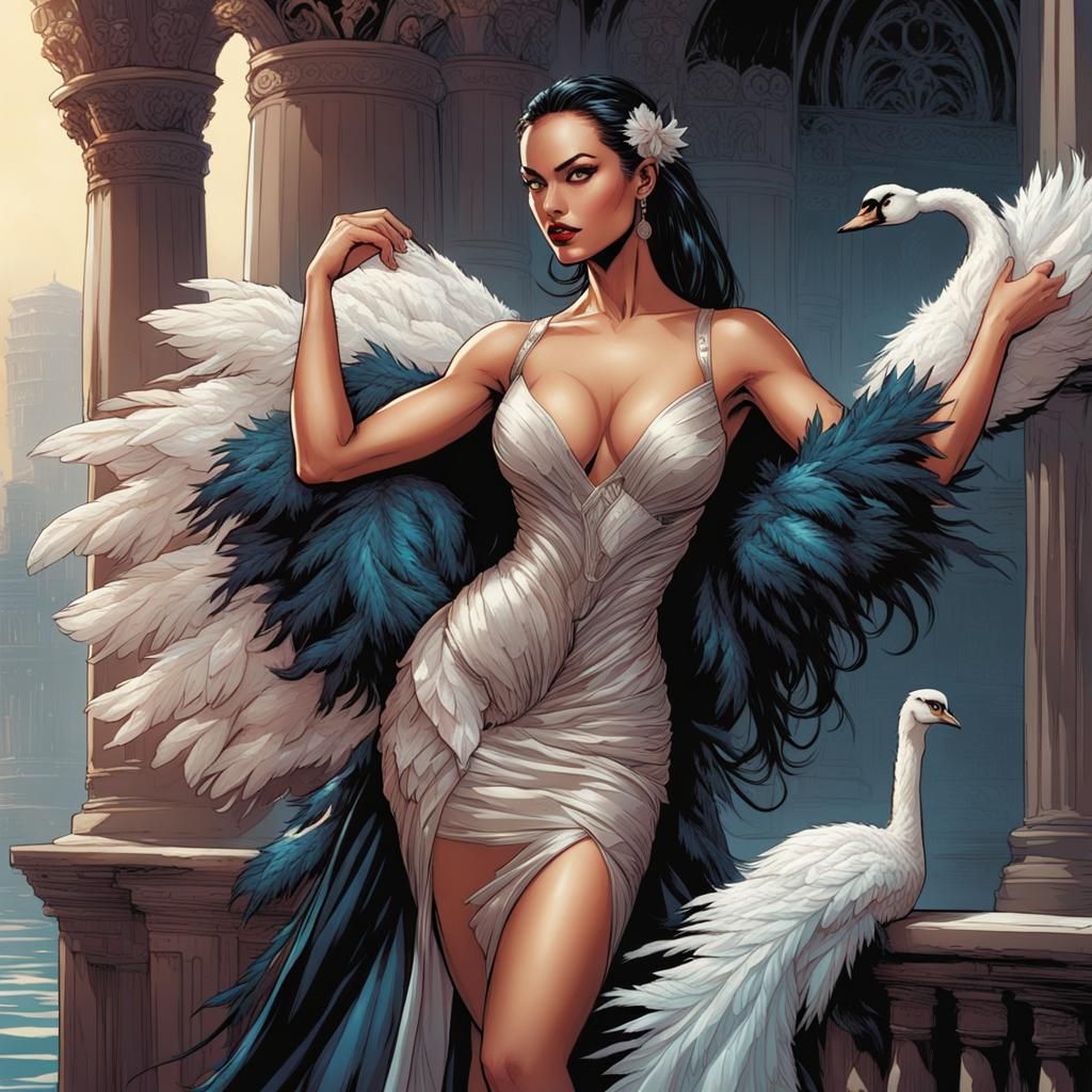 Elegant Swan-like Woman in Feathery Dress