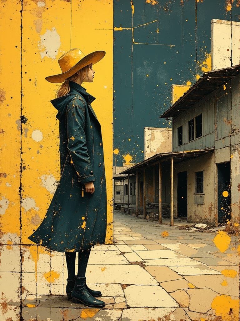 Western Cowgirl Standing Outside Saloon Watching Horse in Oi...