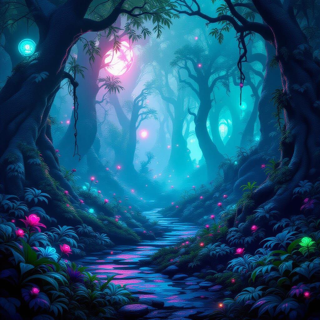 Bioluminescent Forest in Steampunk Sci-Fi Style