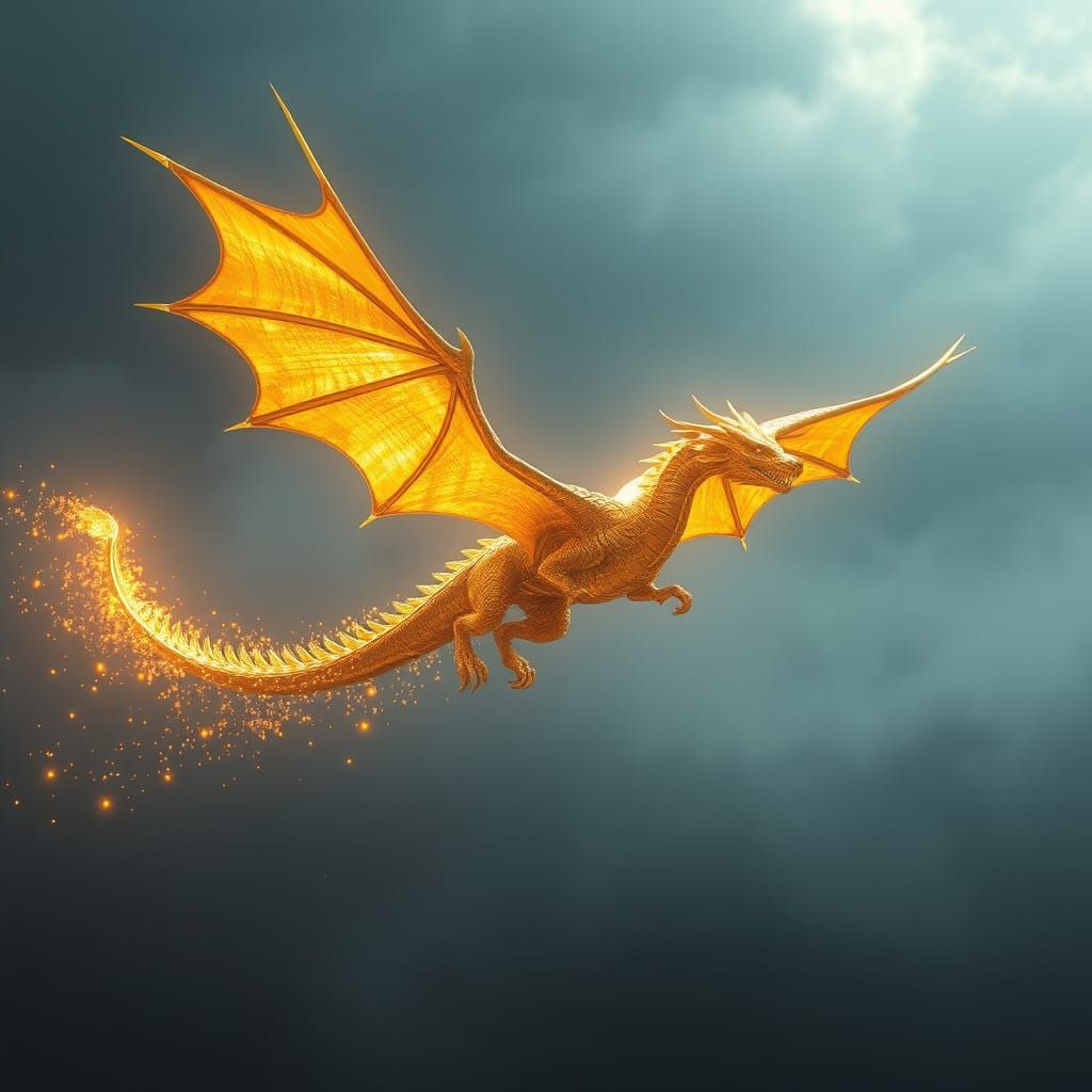 Golden Dragon Radiates Warm Light in Ethereal Landscape