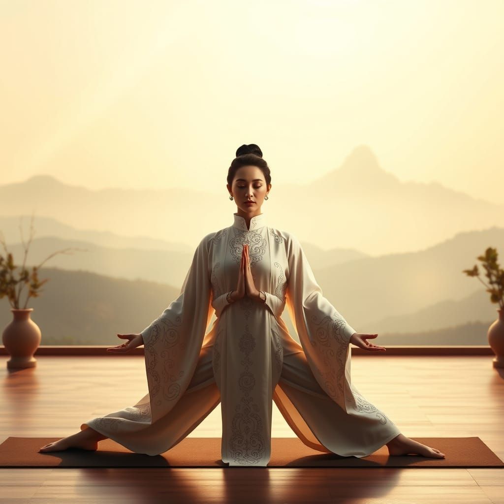 Woman in Serene Yoga Pose Amidst Tranquil Zen Studio Setting