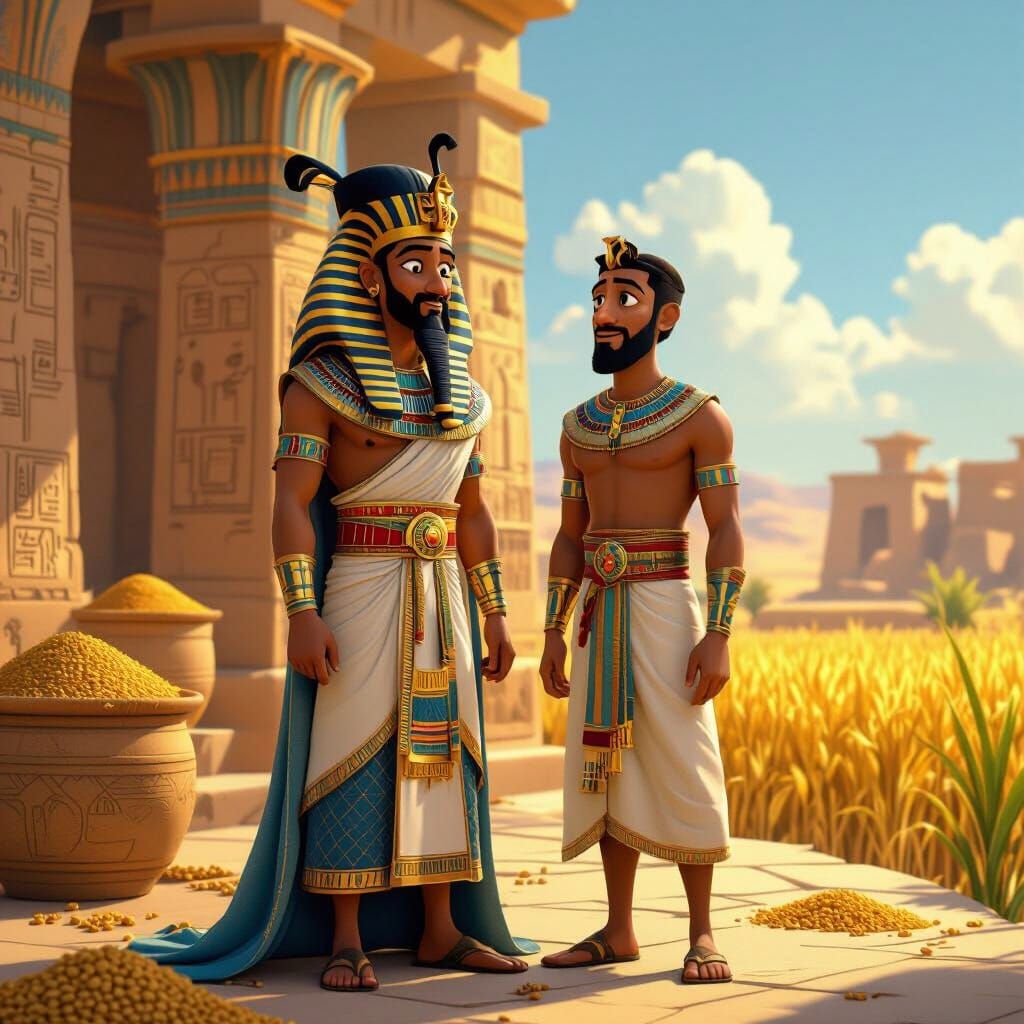 Pixar-Style Pharaoh and Joseph in Egyptian Palace