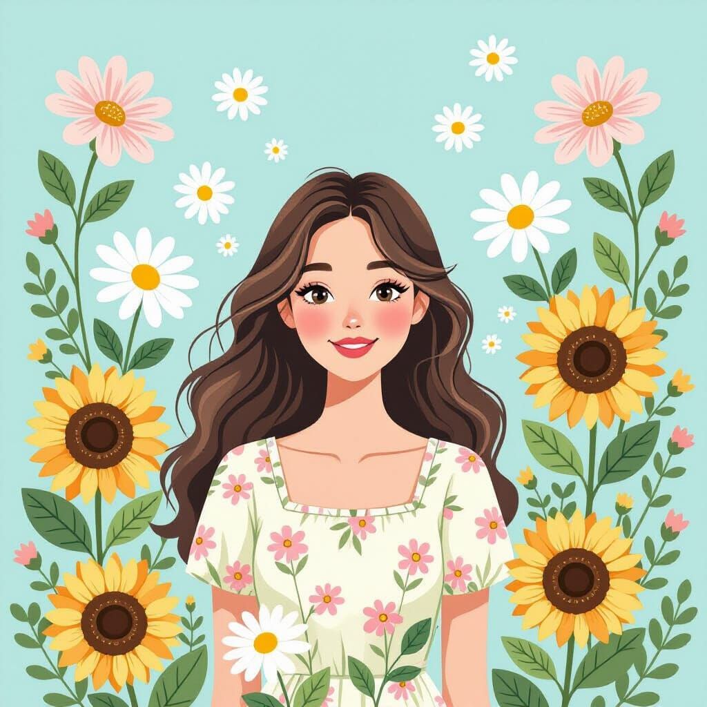 Whimsical Woman in Botanical Wallpaper Style