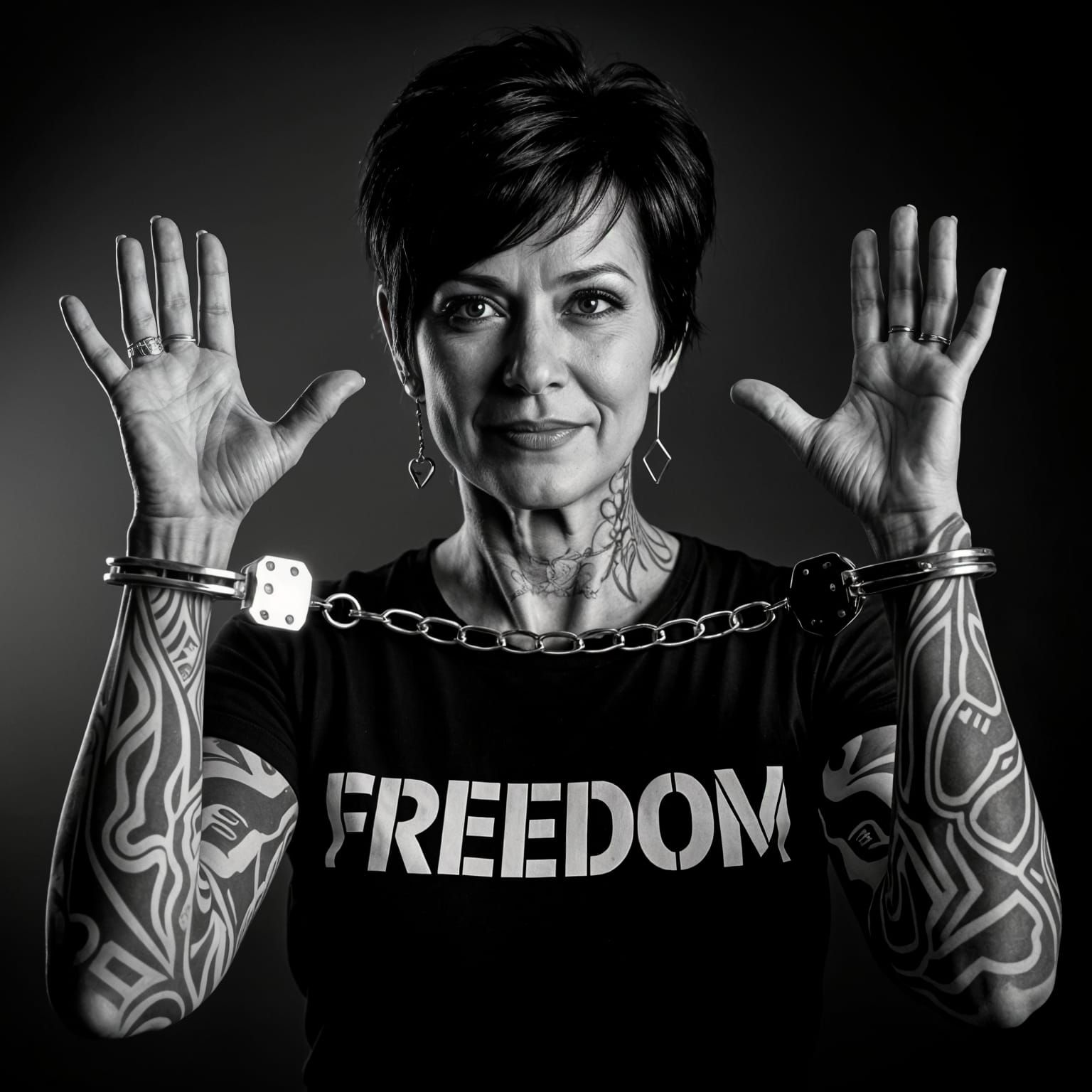 Elegant Older Woman with Tattoos and Handcuffs in Freedom T-...