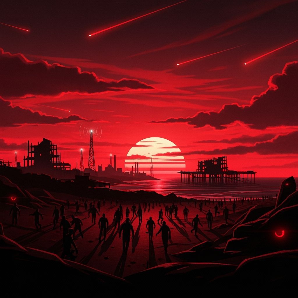 Dystopian Red Sunset Over Ruined Coastline