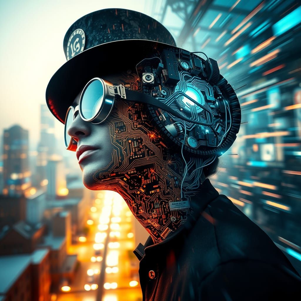Steampunk Circuit Board Person Gazing Upward
