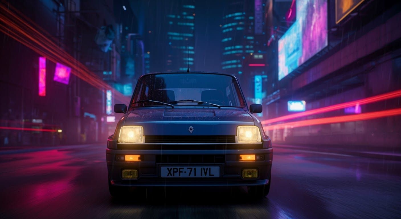 Renault 5 Turbo in Dystopian Cyberpunk Cityscape