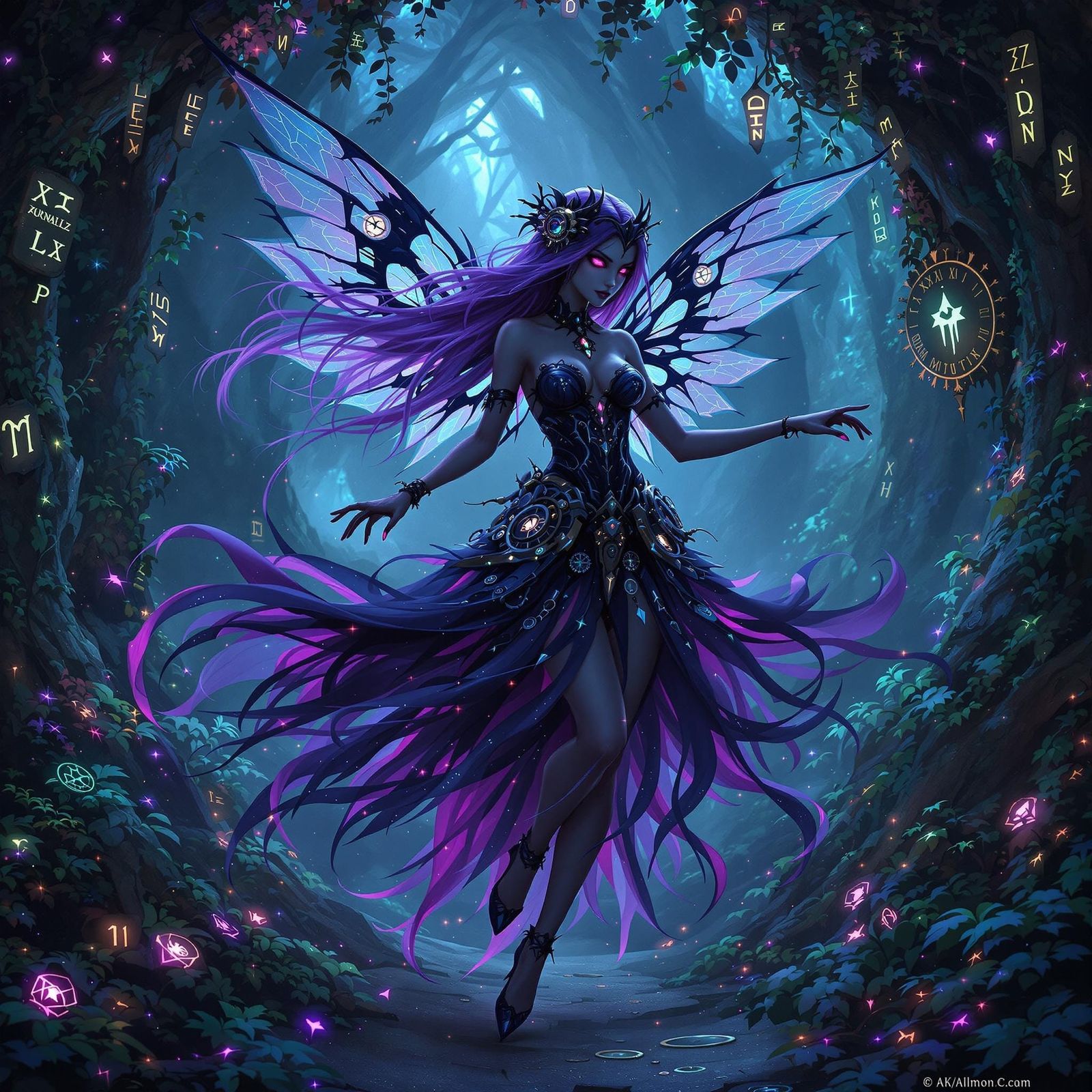 Gothic Fairy Dances in Bioluminescent Grotto