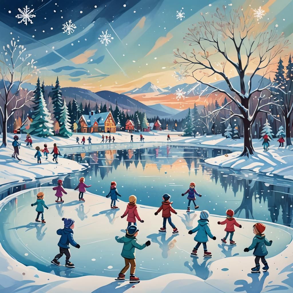 Children Skating on Frozen Lake in Cartoon Style