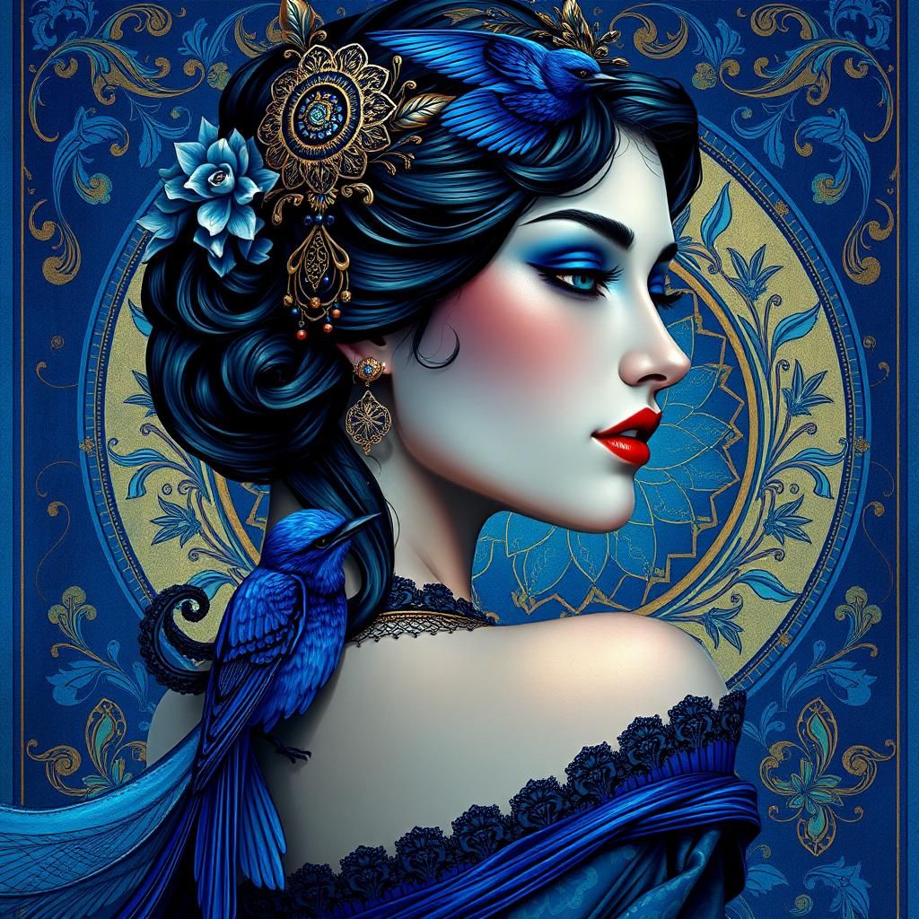 Art Nouveau Portrait with Bluebird Motif
