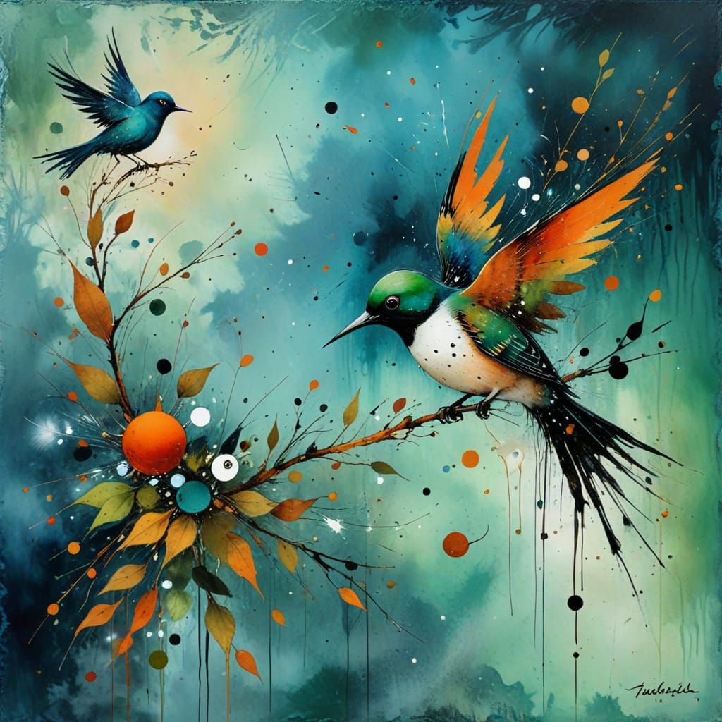 Fantasy Autumn Bird in Soft Ink Painting Style