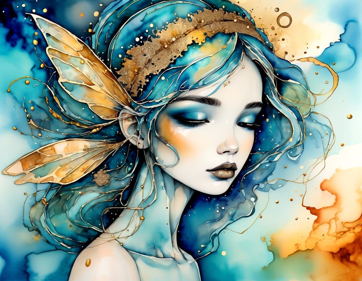 Vivid Watercolor Grunge Fairy with Cosmic Sky