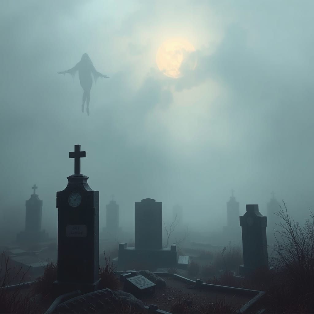 Ethereal Ghosts Emerge from Graves in Misty Morning Cemetery